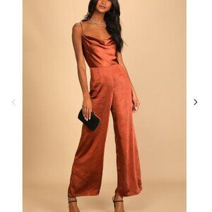 Perfect Night Brown Satin Cowl Neck Culotte Jumpsuit